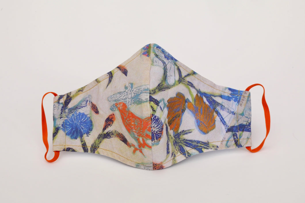 Face mask 100% cotton handmade by Meli Mask birds orange flowers purple printed dragonfly elastic ear fastenings 